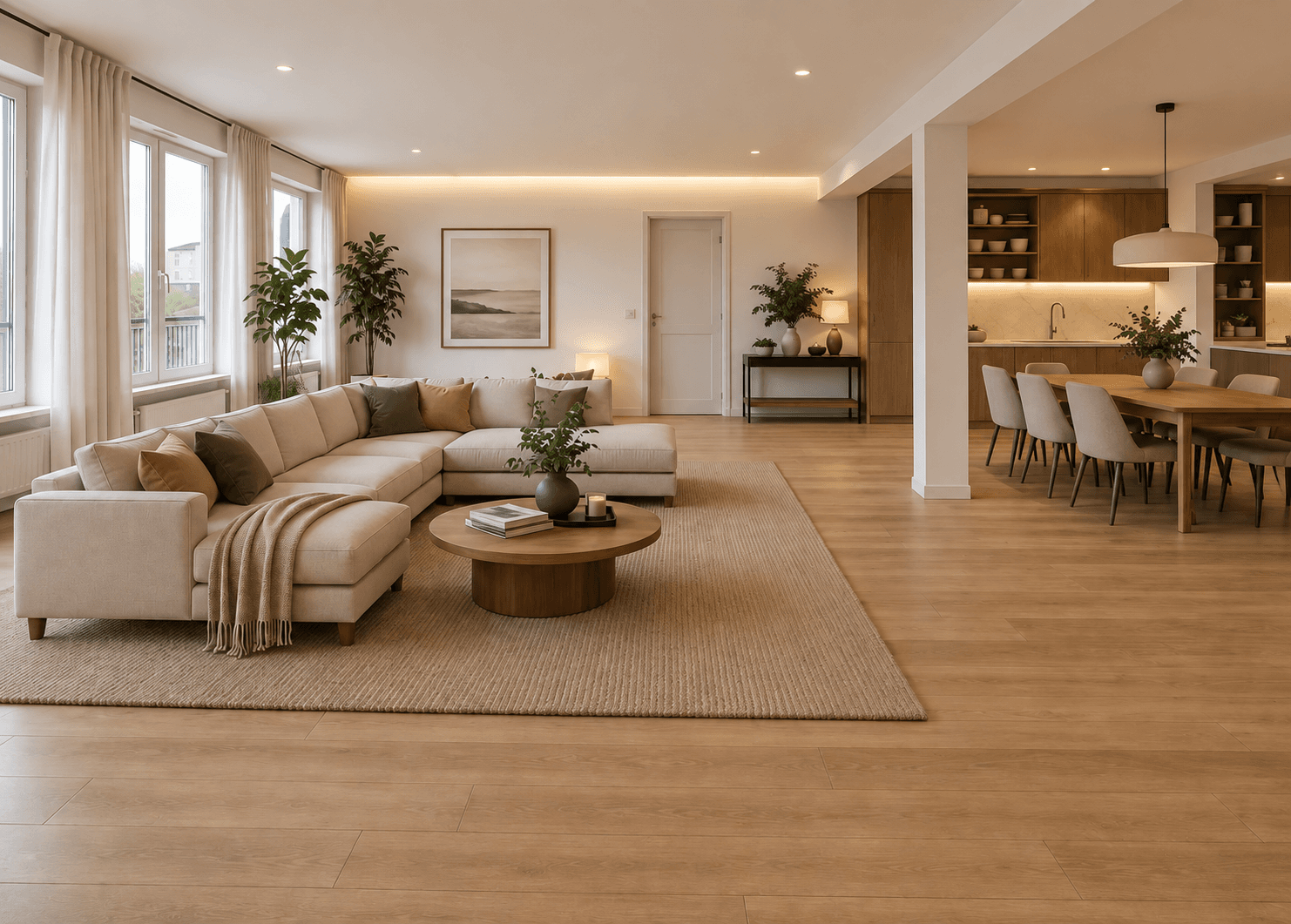 Completed warm open-plan living and dining room