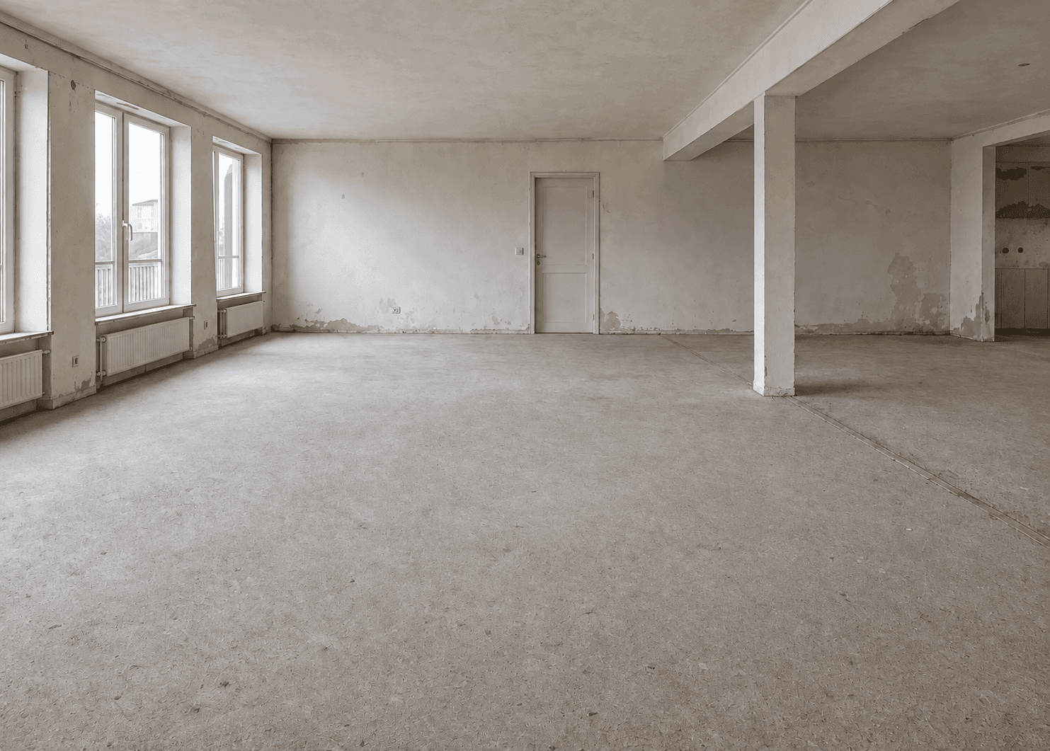 Unfinished open-plan living room before interior development