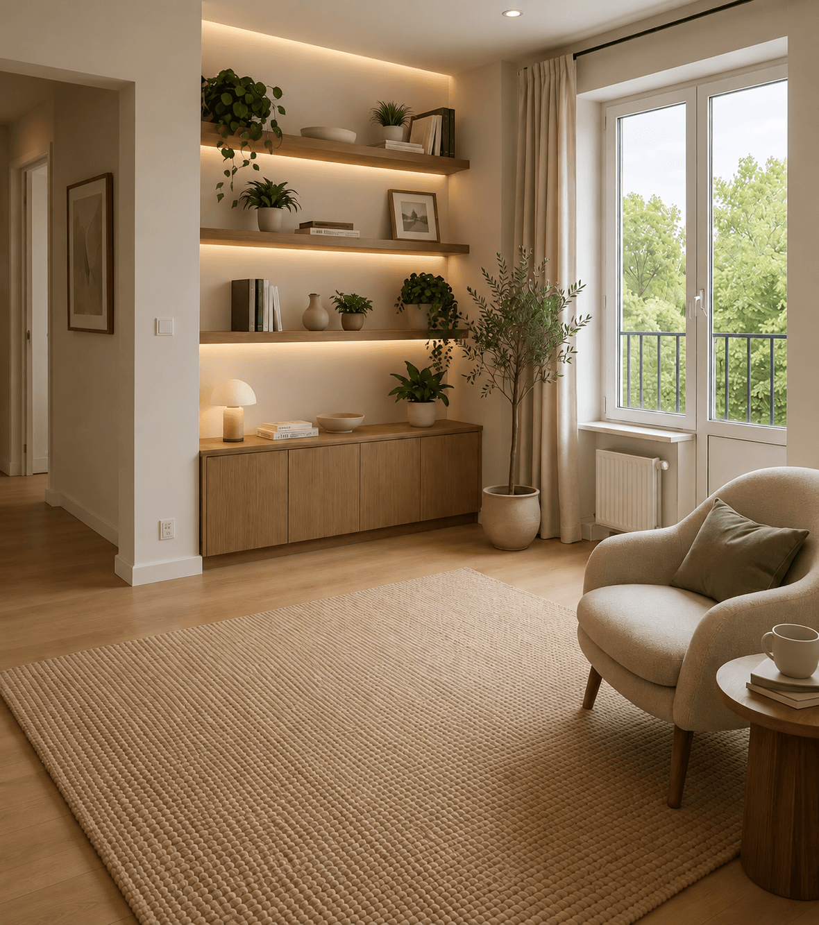 Completed reading room with illuminated shelving and warm finishes