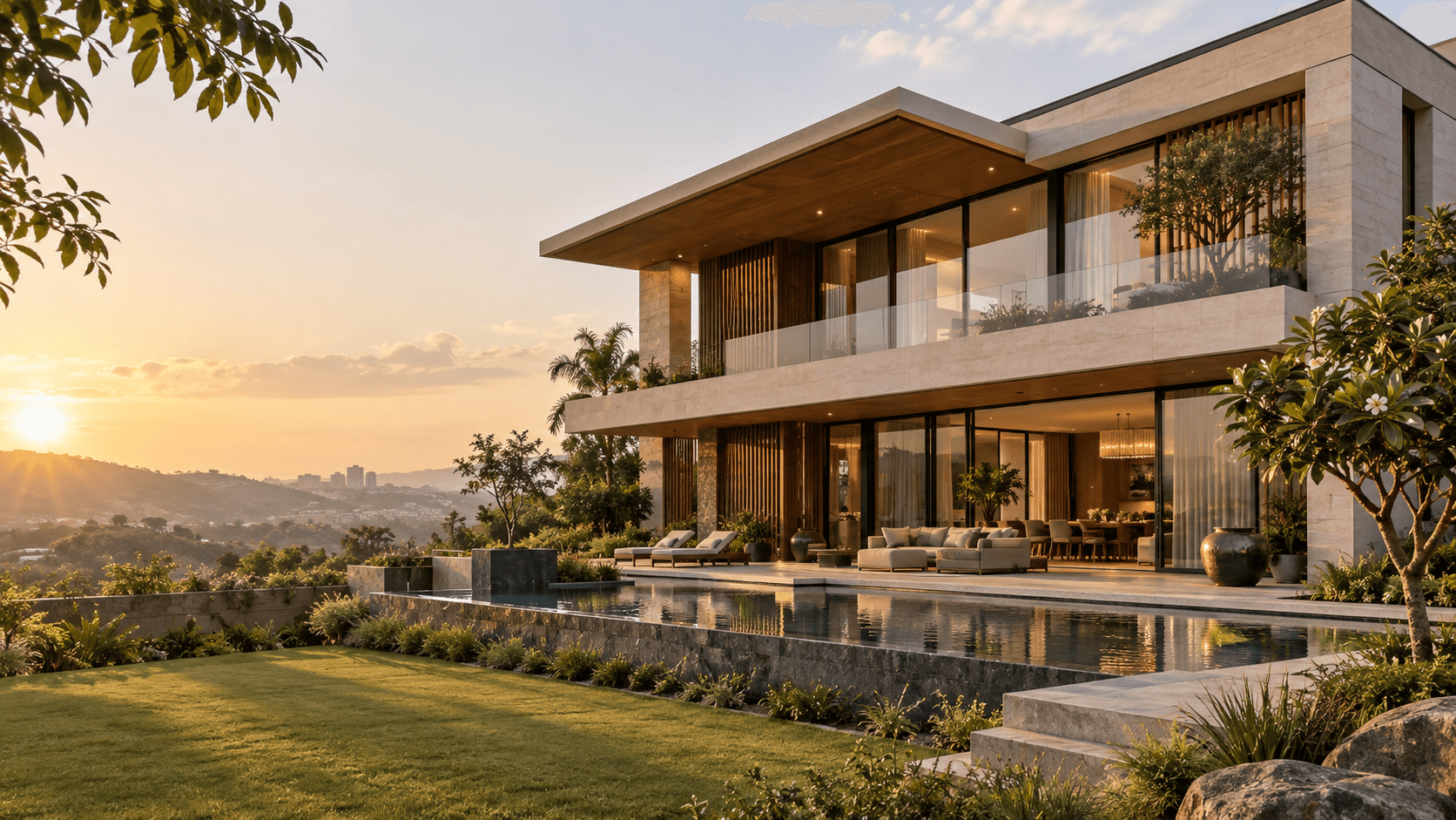 Contemporary limestone residence overlooking Pune at sunset