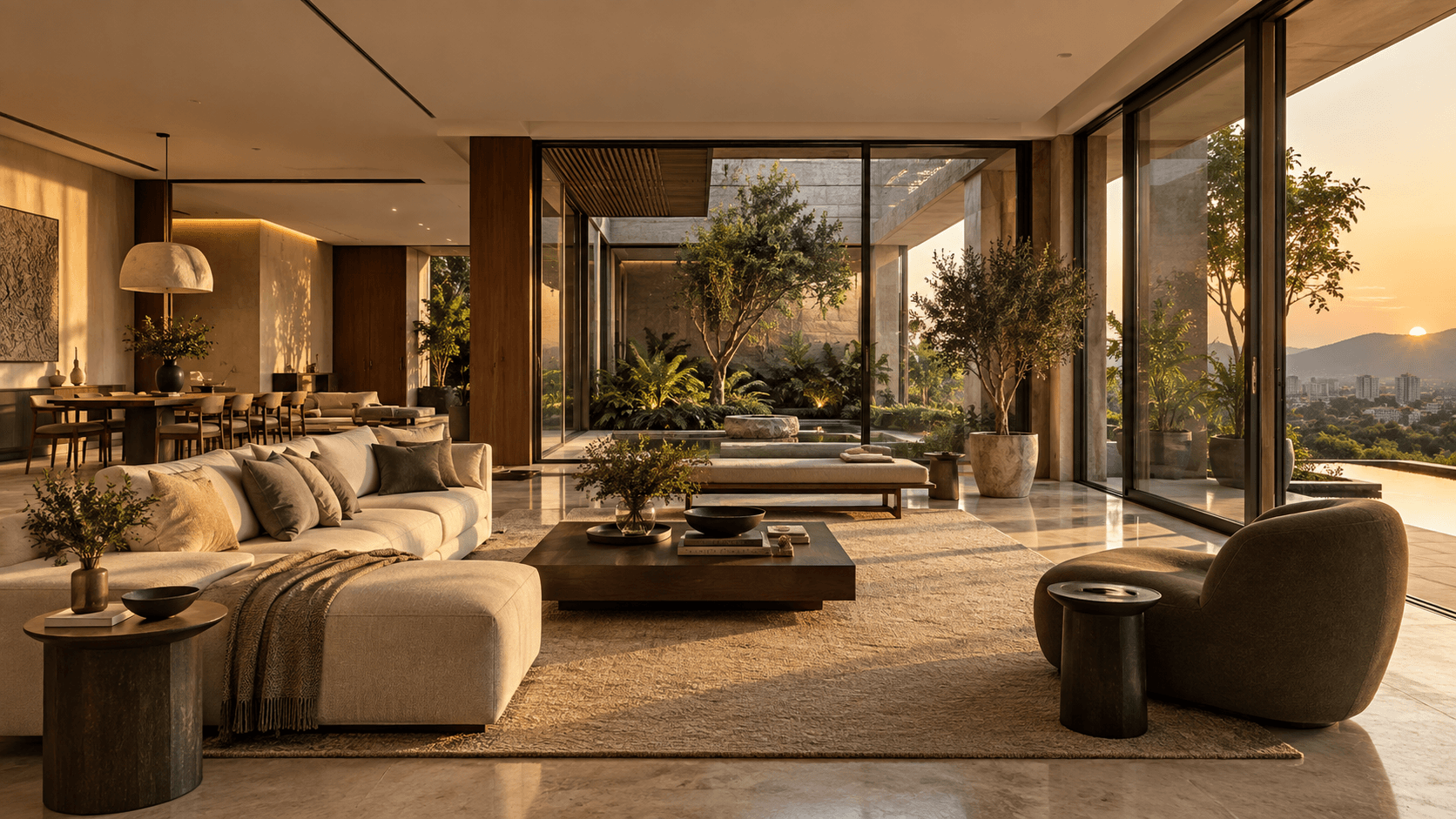 Warm, contemporary residence interior with garden court